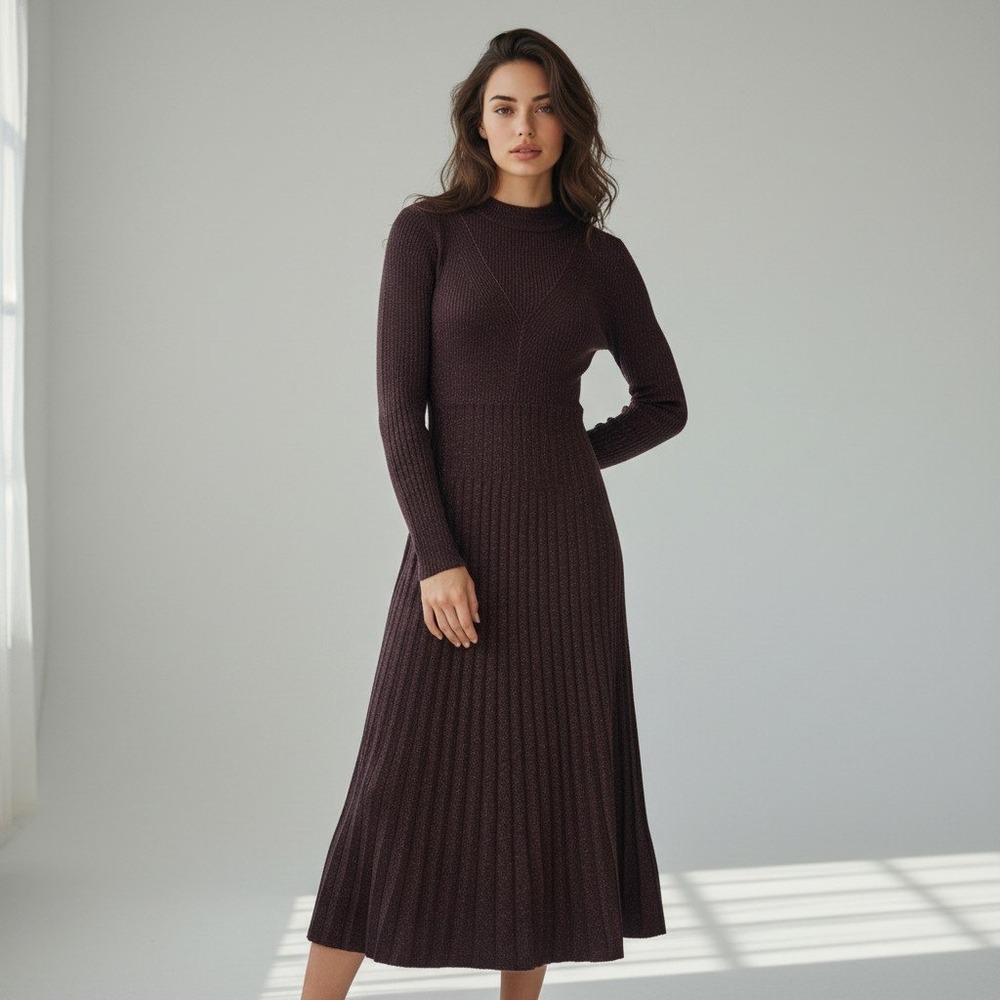 Baltic Born Jamelia Pleated Sweater Dress Brown Gold Metallic Mock Neck Maxi Med